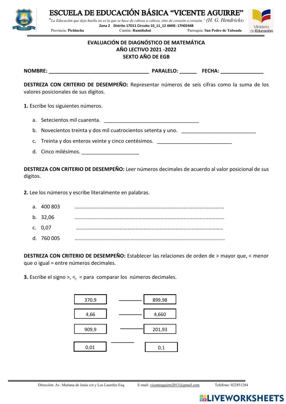 EVA DIAGNÓSTICO MATEMATICAS 6TO   2021 - 2022