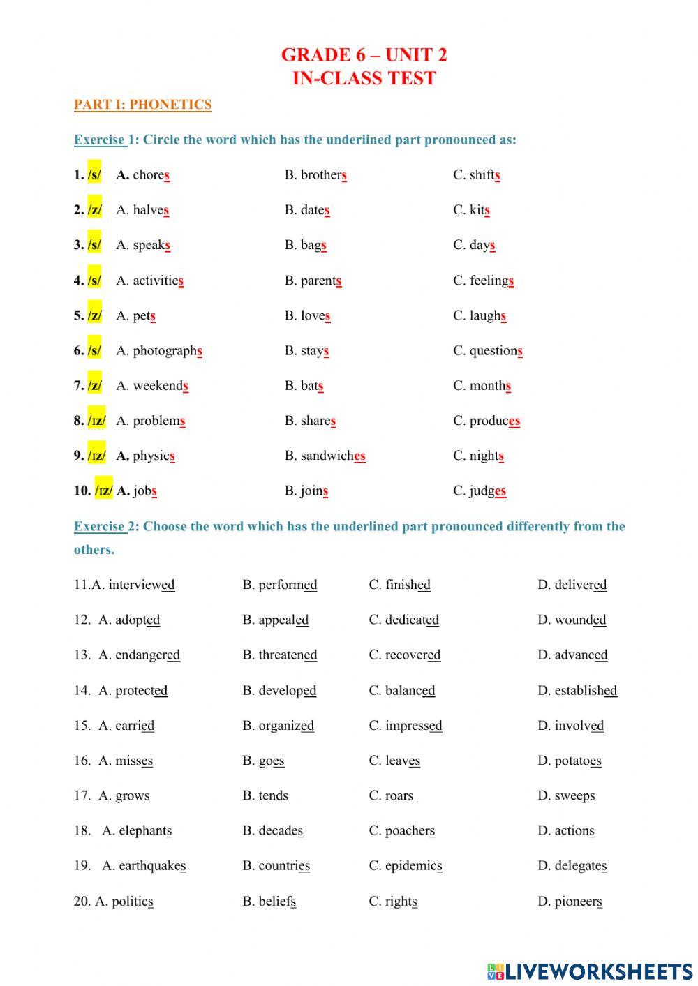 1349148 | Grade 6 - Unit 2 - Test | Tạ Thị Thanh Hiền