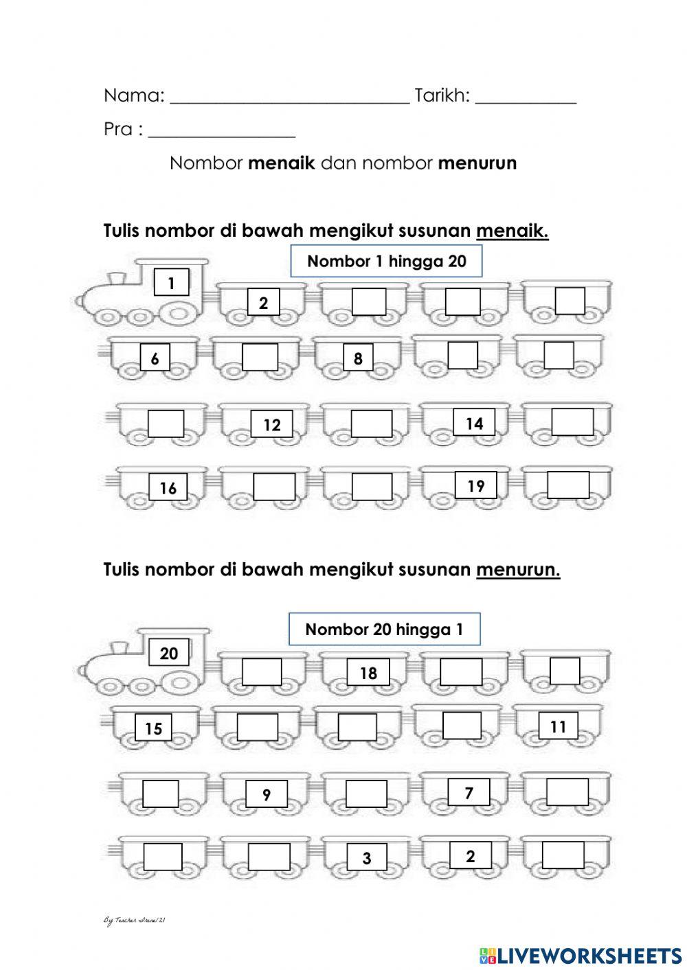 Nombor menaik dan menurun 1-20