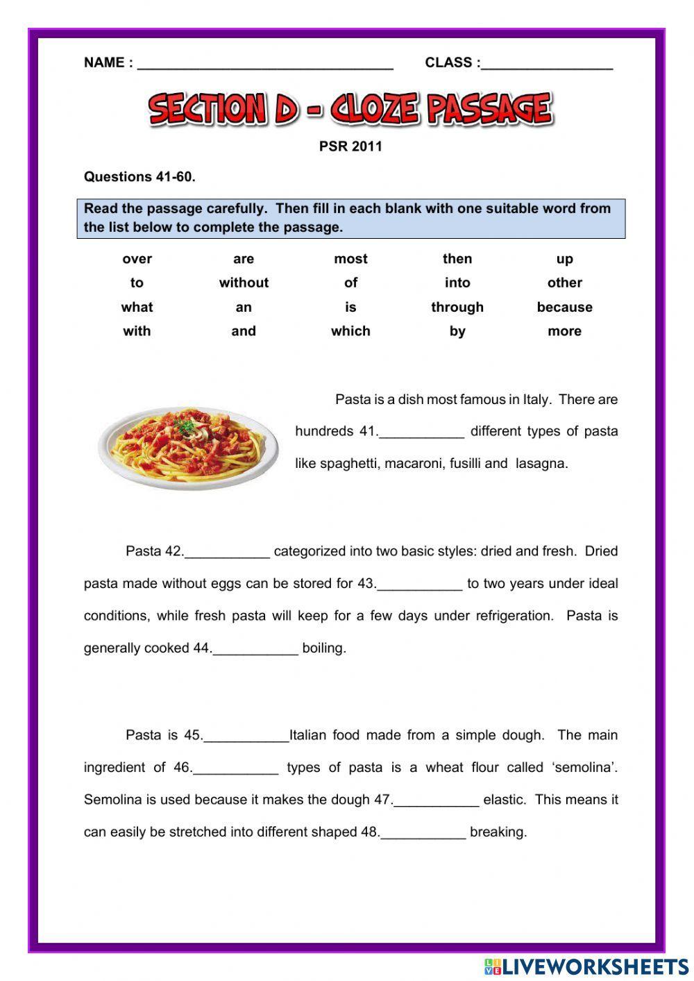 Section D Cloze Passage PSR 2011