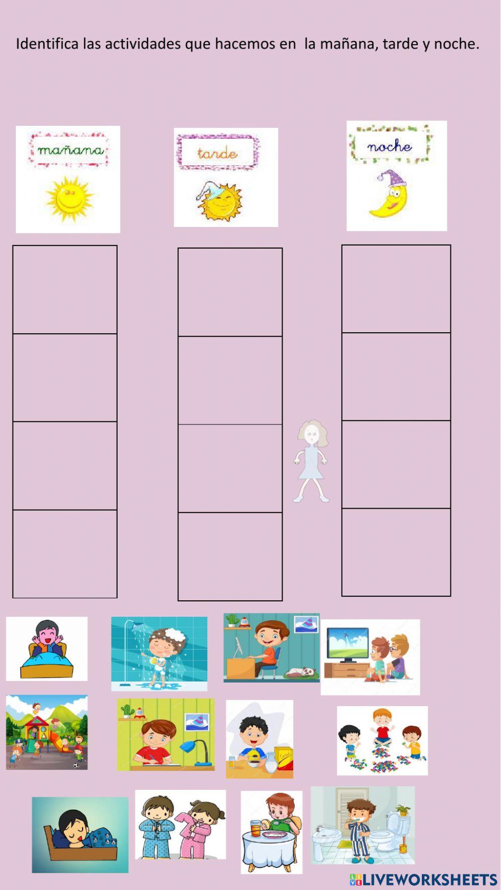 Identifica las actividades que hacemos durante la mañana, tarde, noche.
