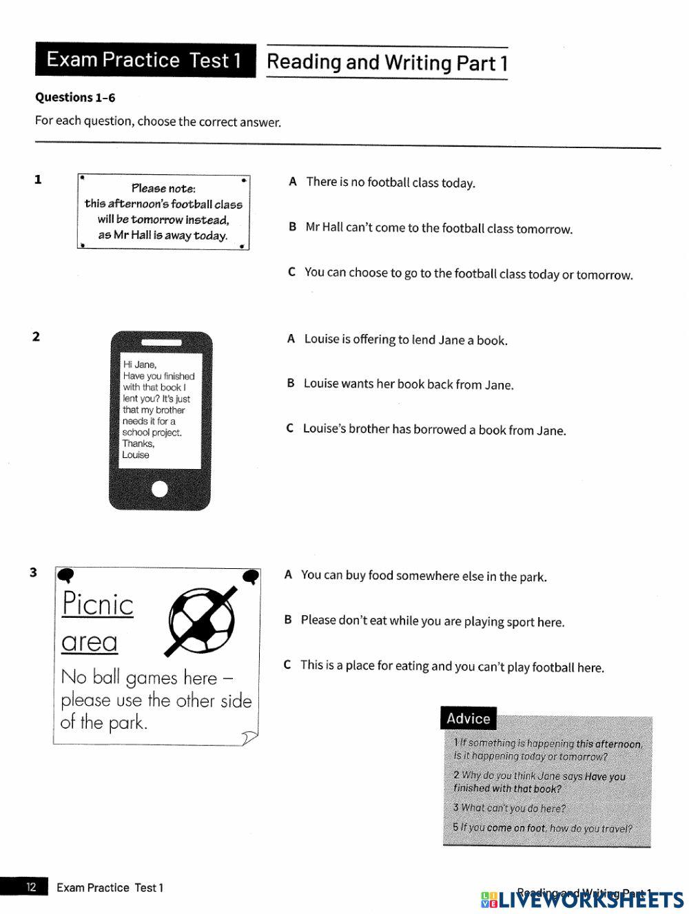 Ket Trainer 2020 Test 1 Read online exercise for Live Worksheets