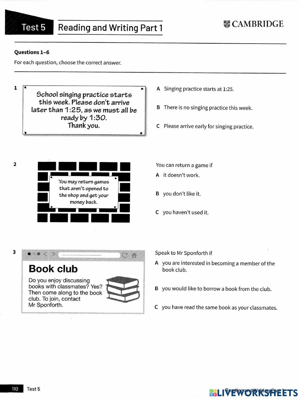 Ket Trainer 2020 - Test 5 - Reading  Part 1- 5