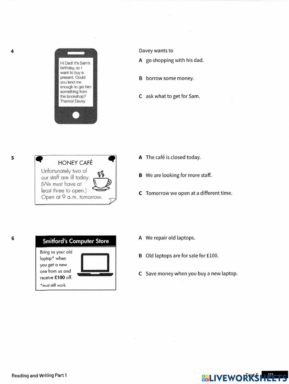 Ket Trainer 2020 - Test 5 - Reading  Part 1- 5