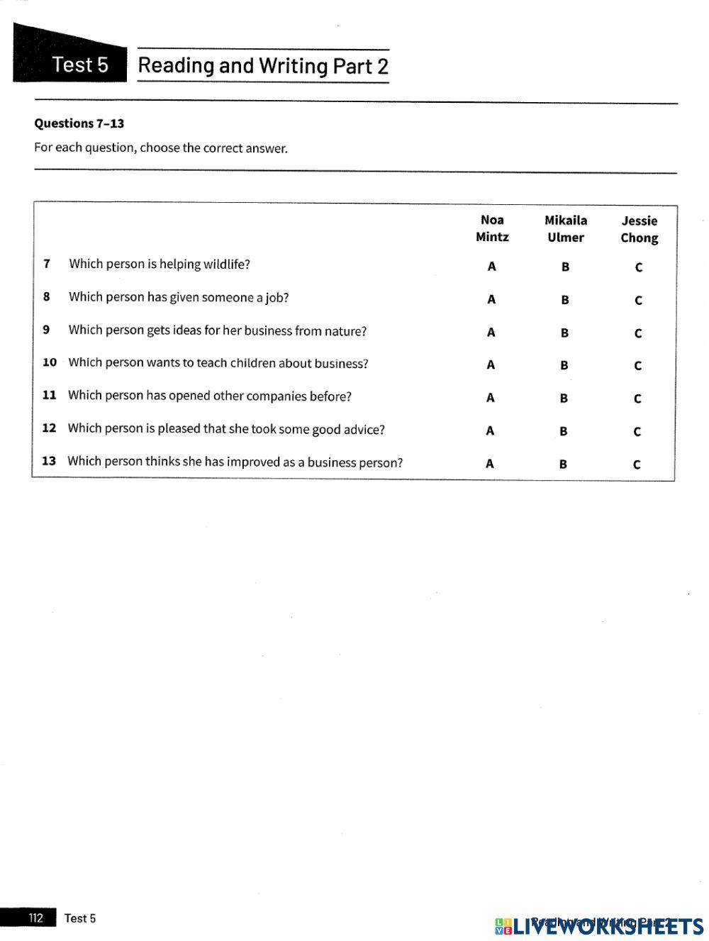 Ket Trainer 2020 - Test 5 - Reading  Part 1- 5