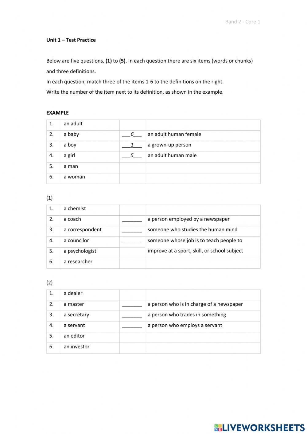 Band 2 (Core 2) - Unit 1 - Test