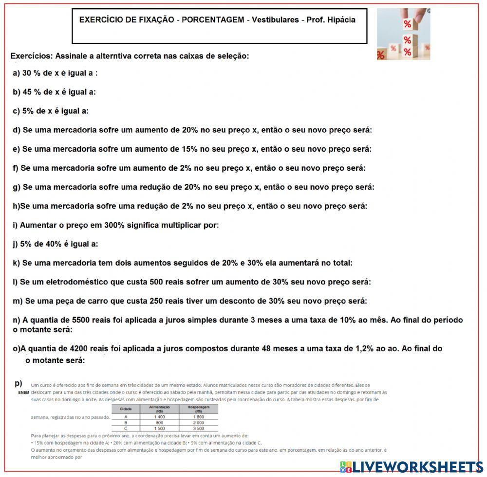 Treinamento porcentagem, juros para vestibulares