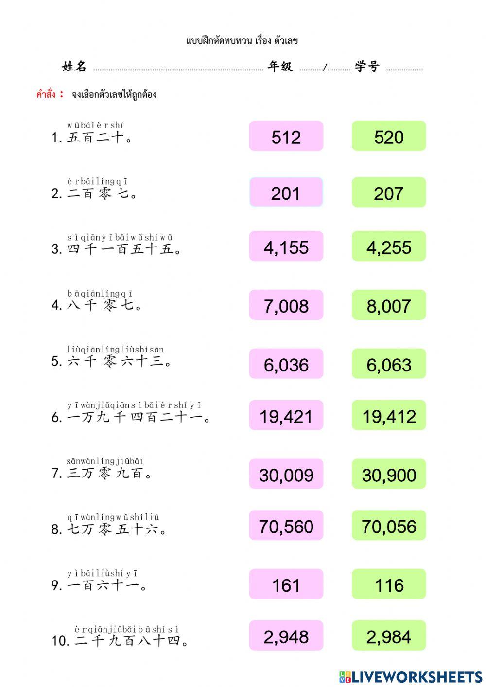 แบบฝึกหัดทบทวน เรื่อง ตัวเลข