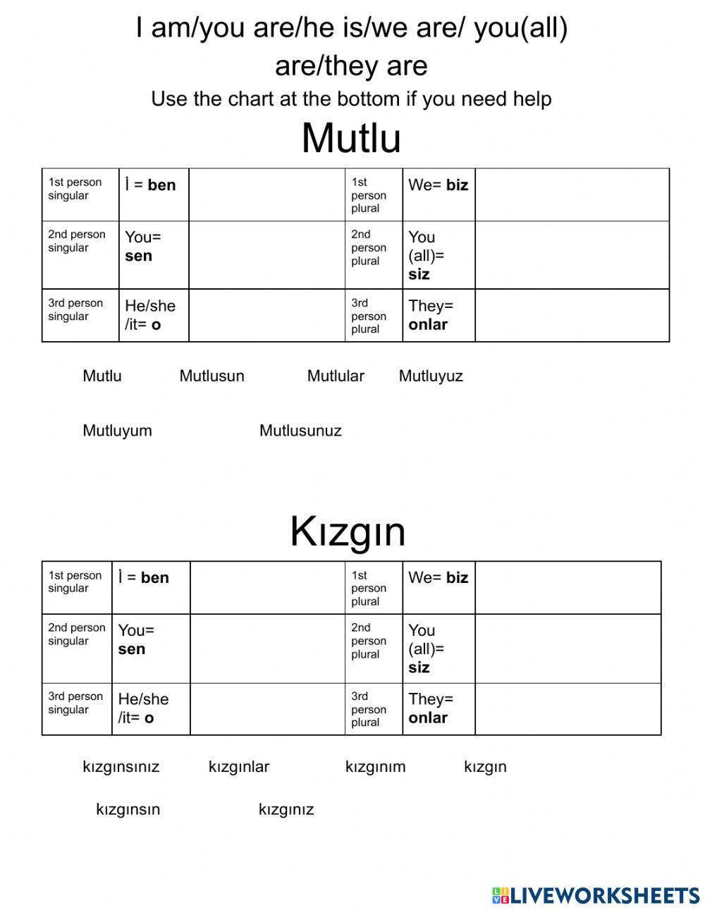 Personal suffixes Turkish I am you are he is