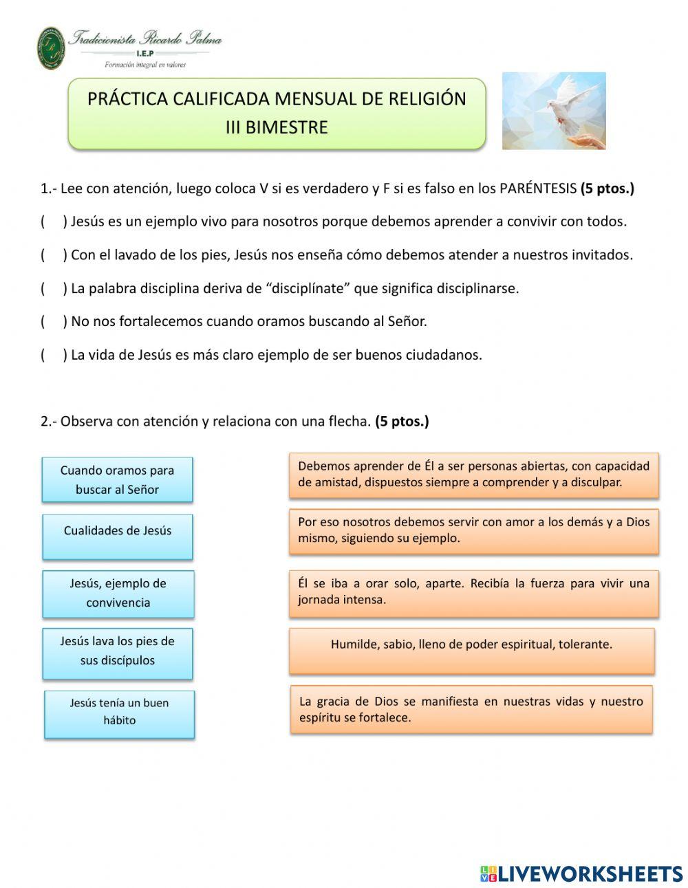 Evaluación mensual de Religión III Bimestre