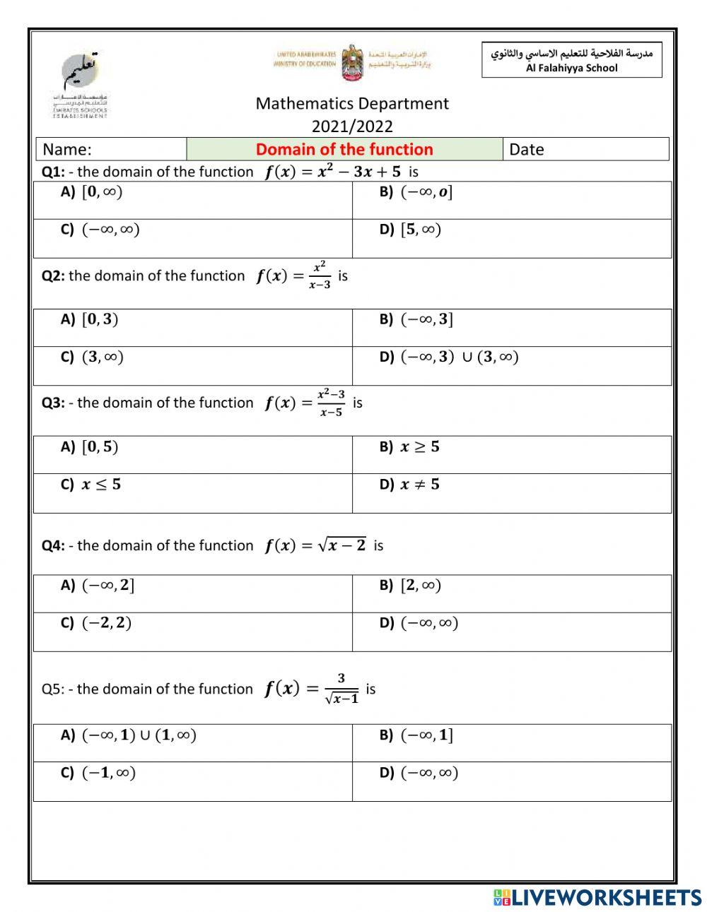 Domain of the function