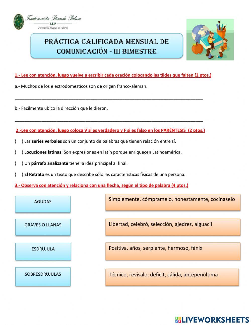 Evaluación mensual de Comunicación III Bimestre
