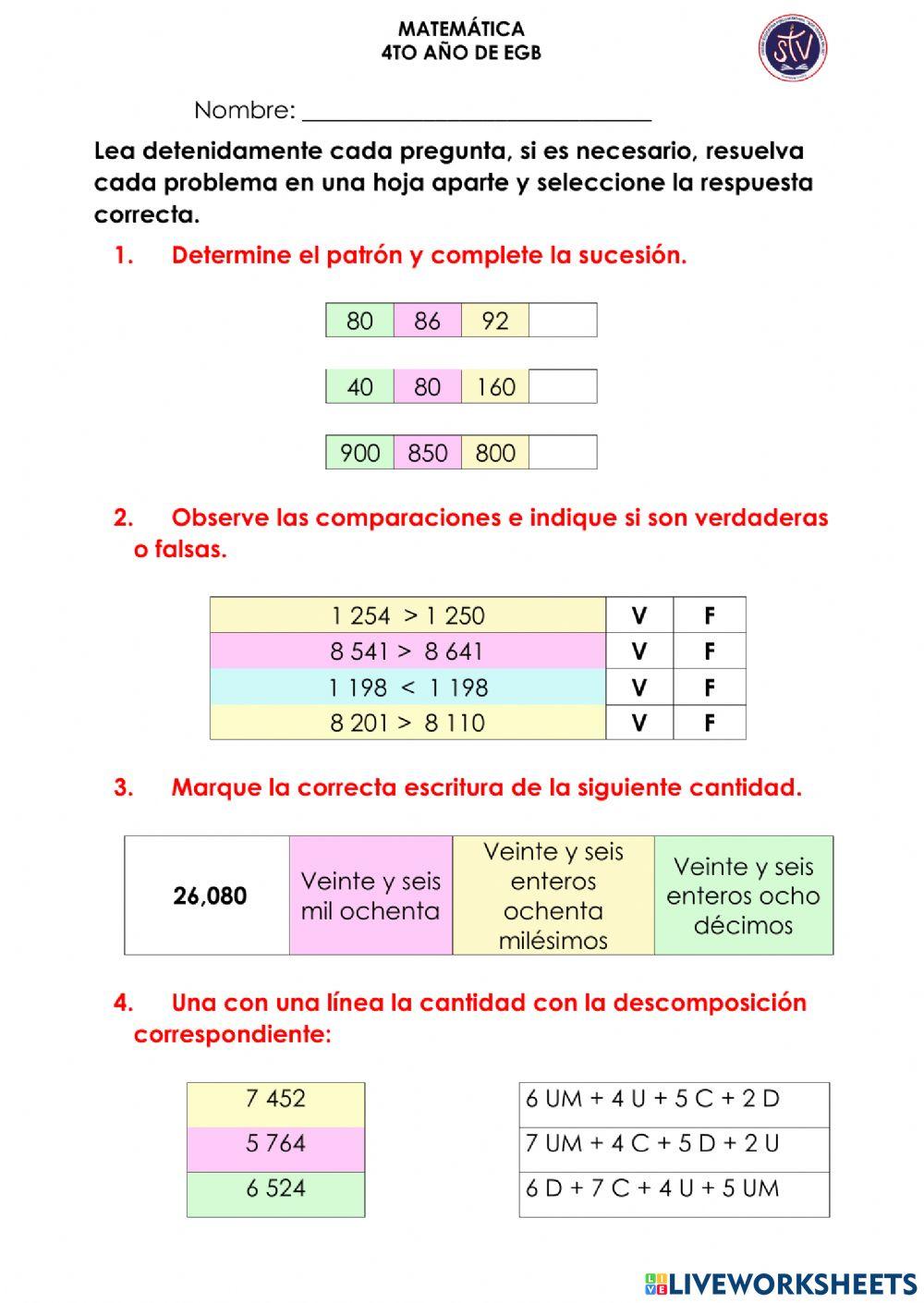 Diagnóstico de matemática - 6° año de EGB