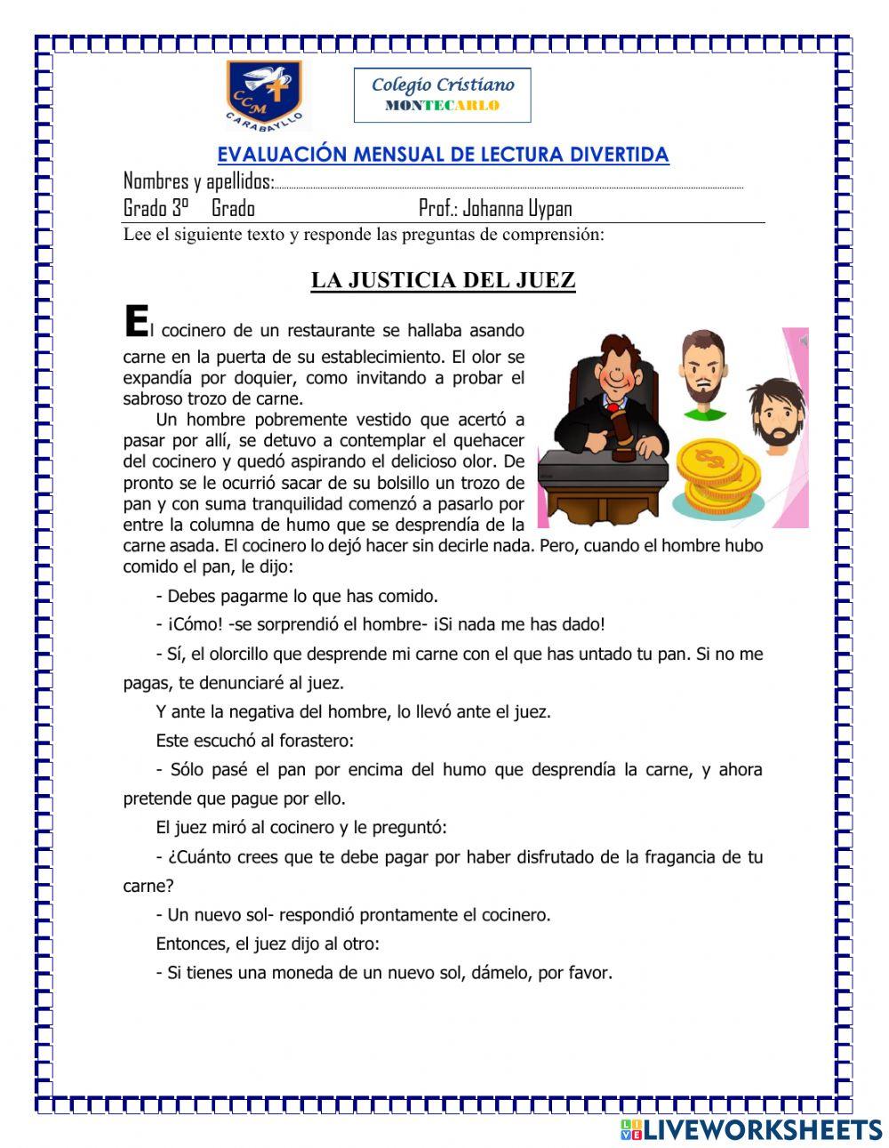 Evaluación mensual de lectura divertida