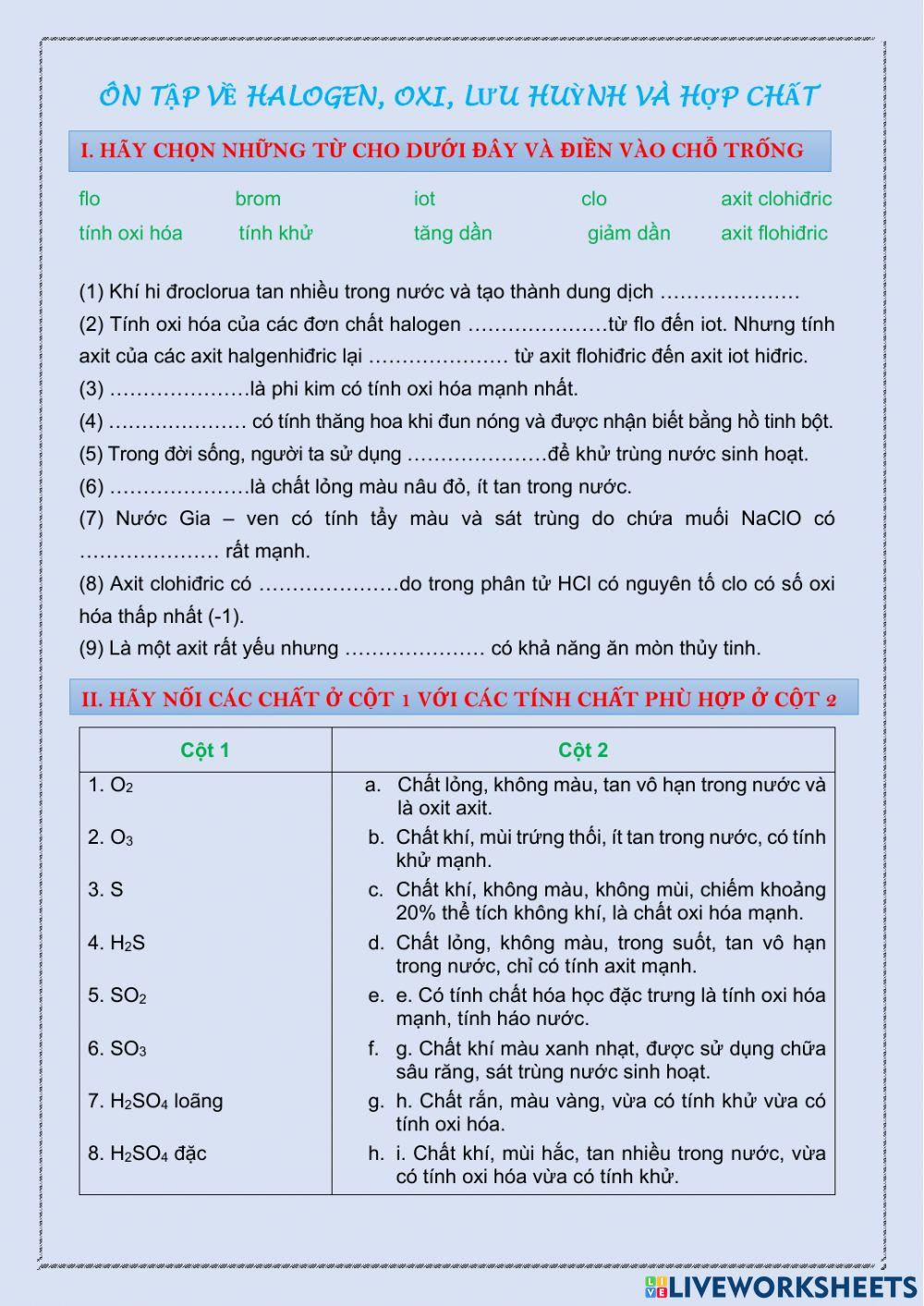 Bài ôn tập hóa 10 - Tiết 2