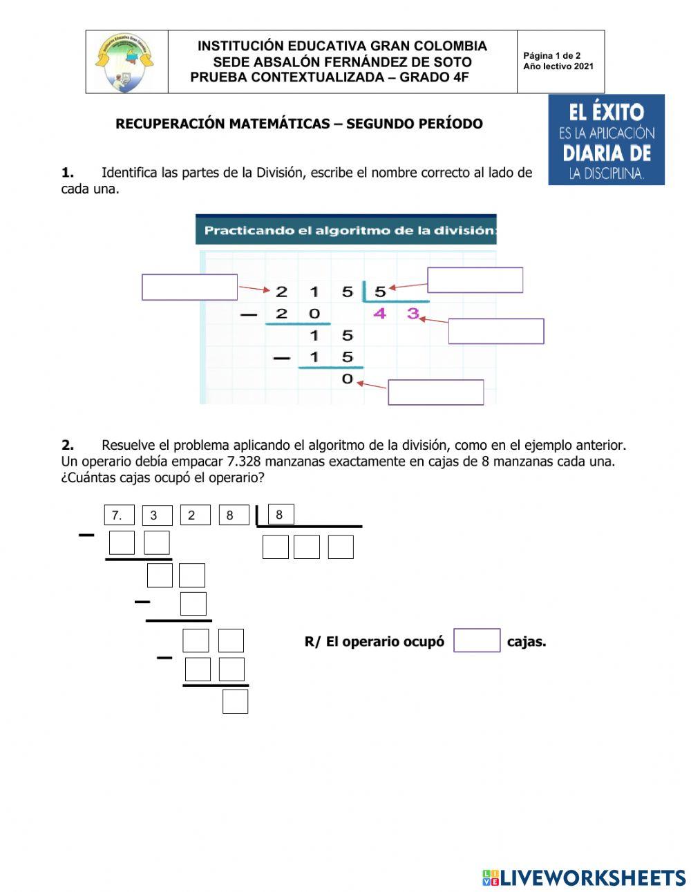 RECUPERACIÓN MATEMÁTICAS SEGUNDO PERÍODO GRADO 4F
