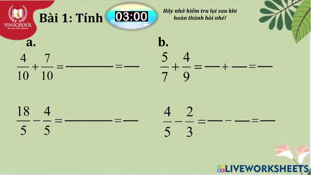 Toán 1 - Tuần 2 - Ôn tập phép cộng và phép trừ phân số