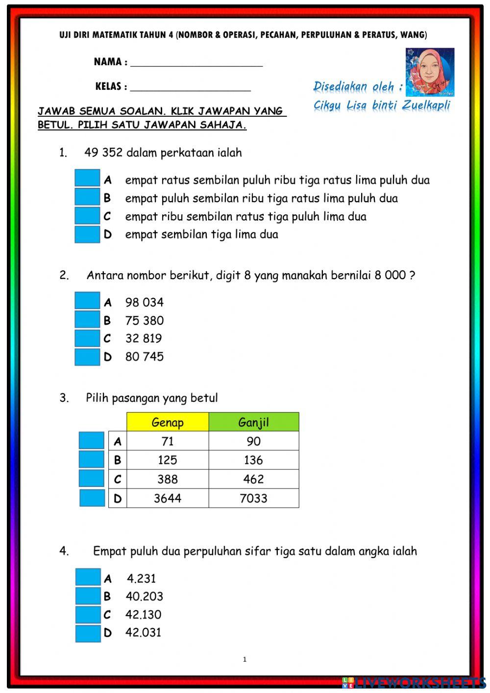 Uji Diri Matematik tahun 4