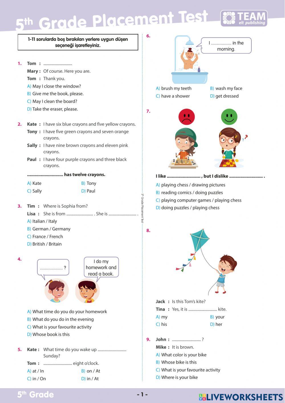 5th grade placement test online exercise for live worksheets