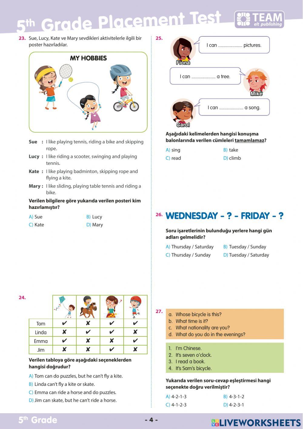 5th grade placement test online exercise for live worksheets