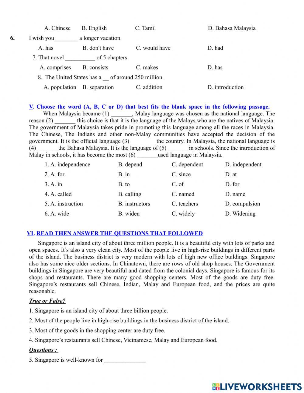 Test for unit 1 english 9 online exercise for live worksheets