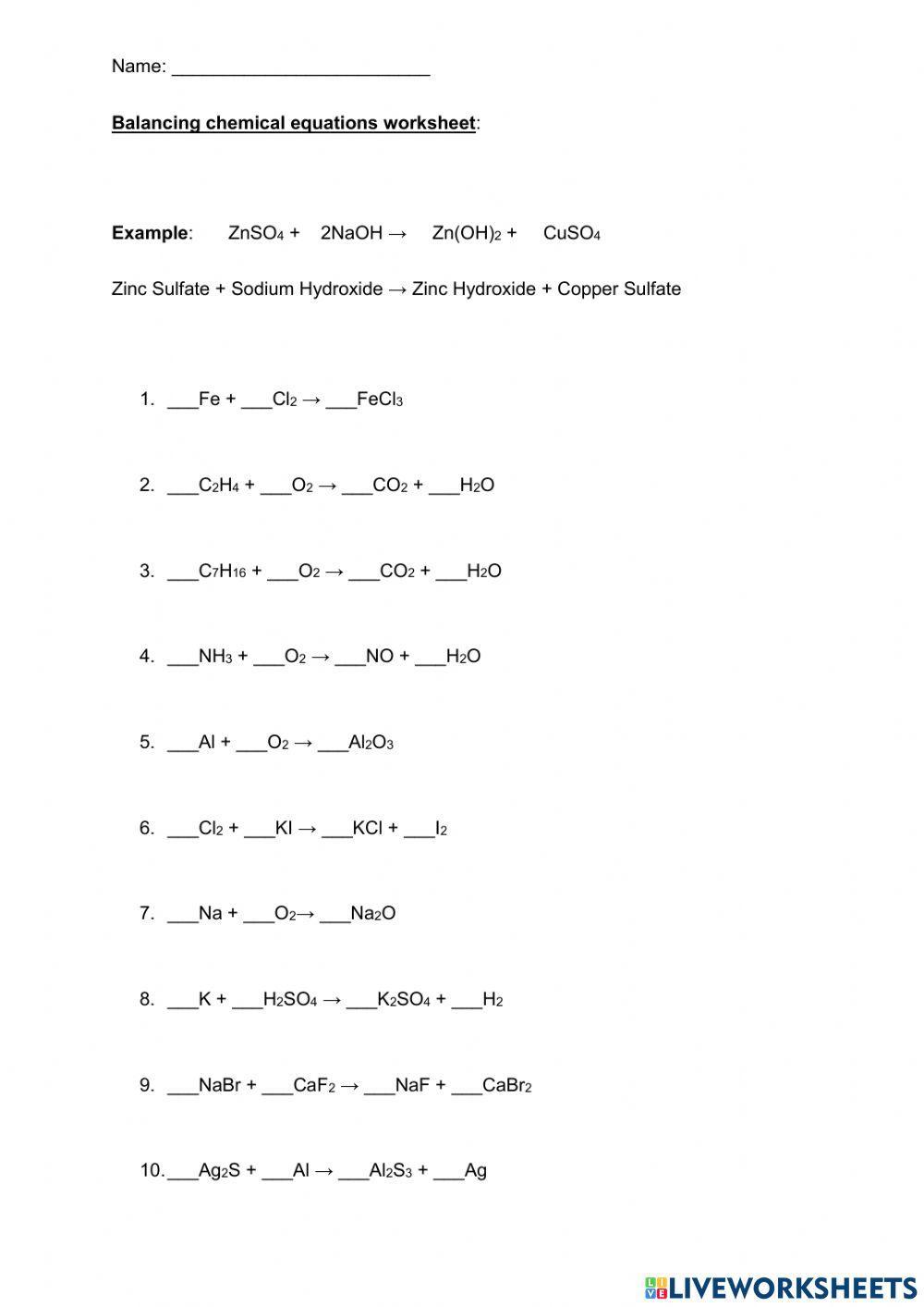 Writing and Balancing Chemical Equations From Words Worksheet Answers