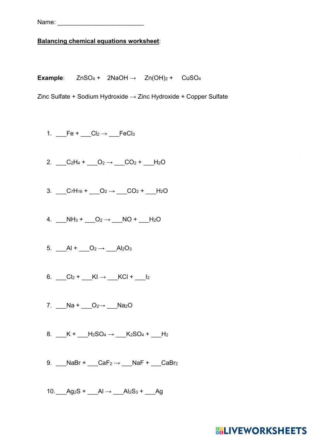 Balancing chemical equations worksheet