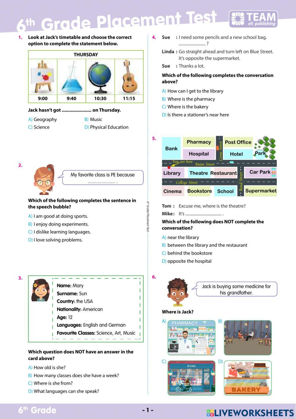 6th grade placement test online exercise for live worksheets