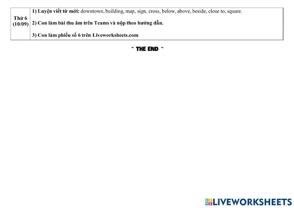 Phiếu giao bài môn Tiếng Anh 6-9-10-9 - 3A9