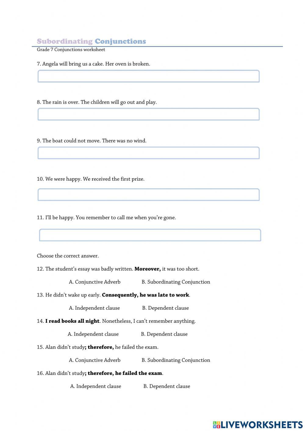 Subordinating conjunctions conjunctive adverbs online exercise for