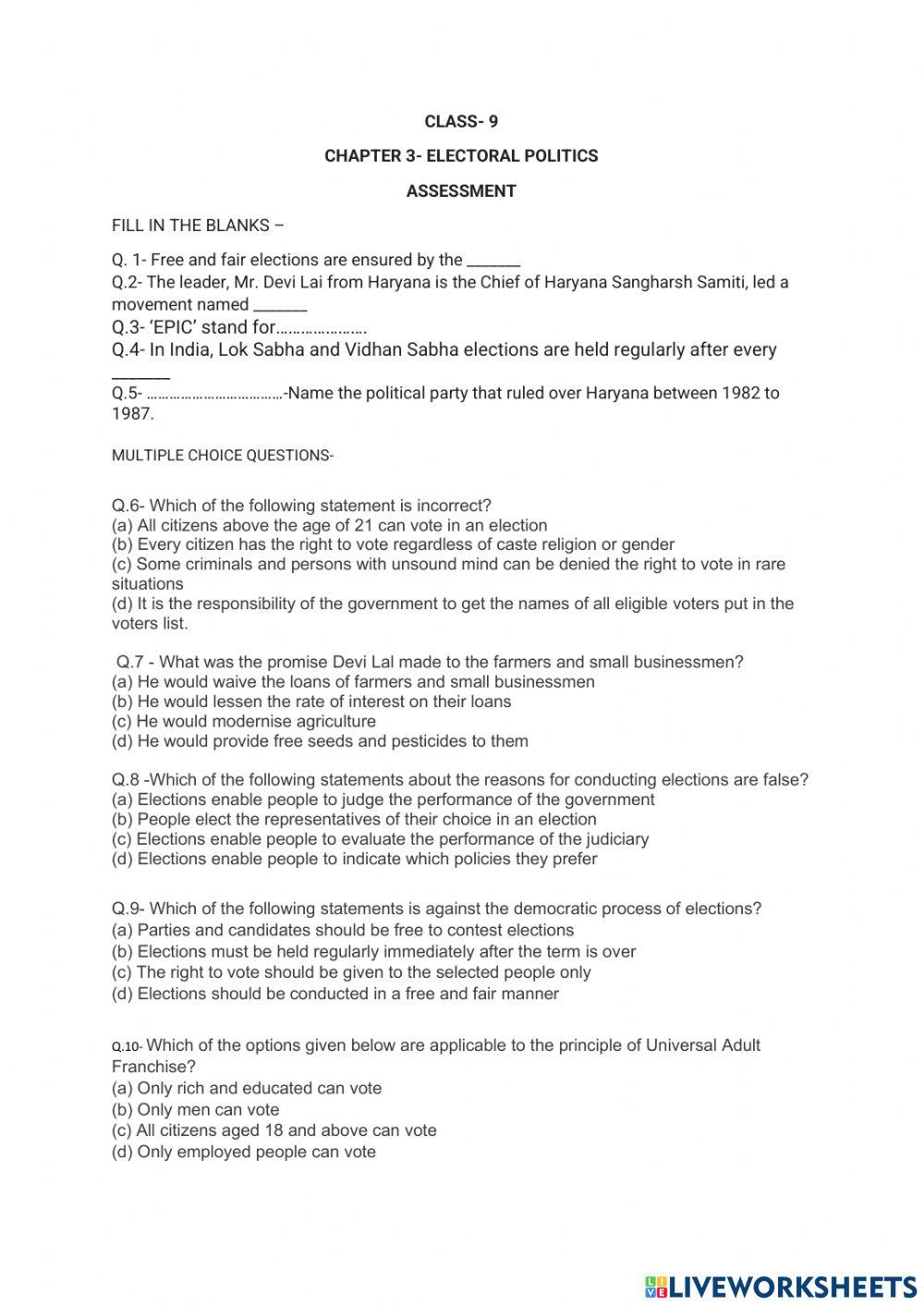 Class 9 electoral politics online exercise for live worksheets