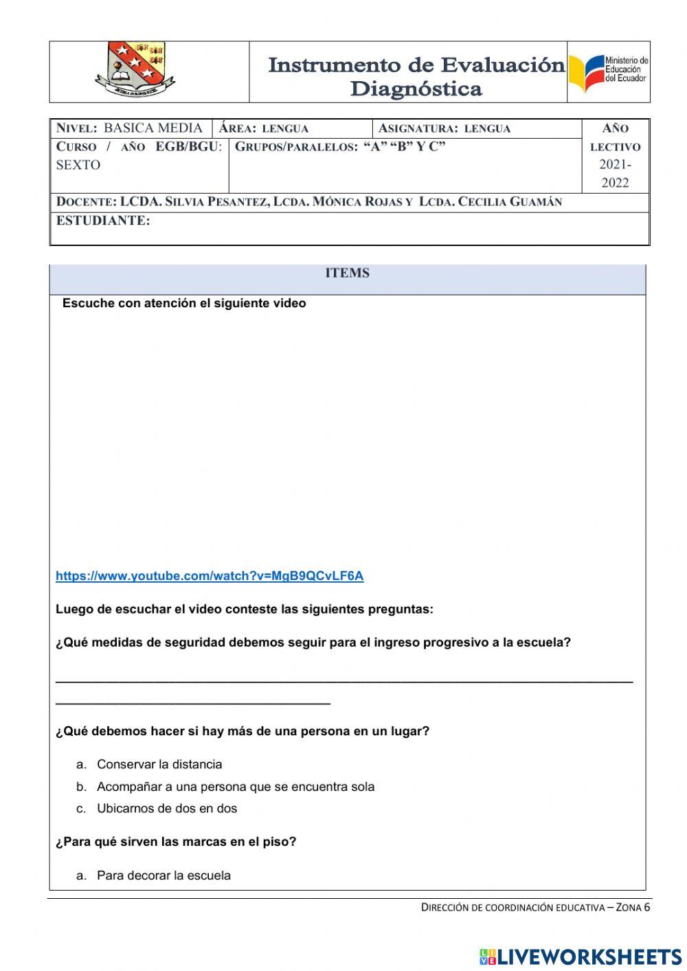 Prueba de diagnóstico  escuchar y hablar