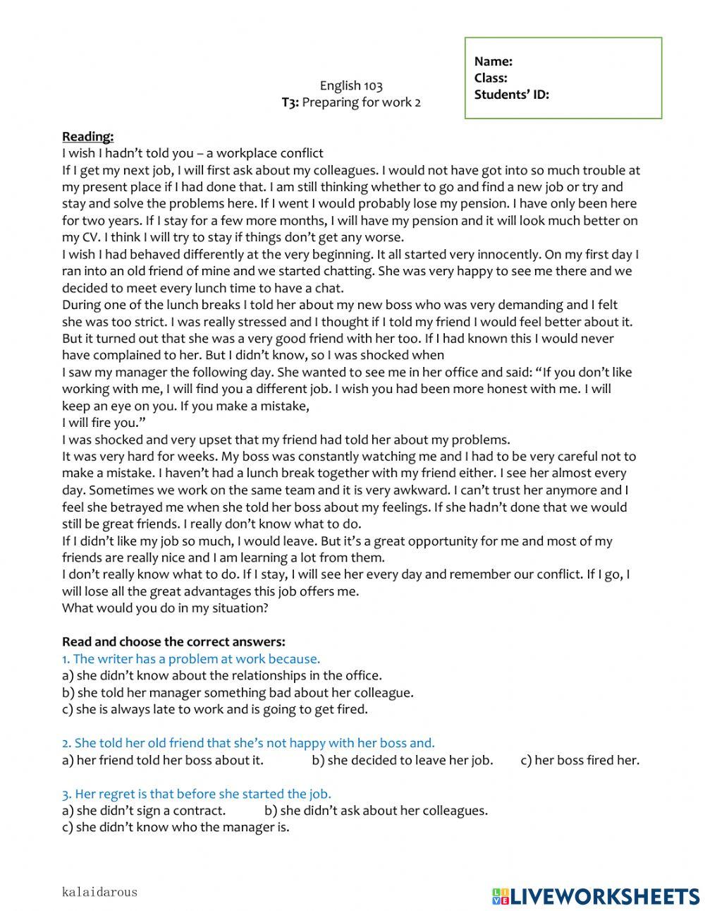 103 T3: preparing for work 2