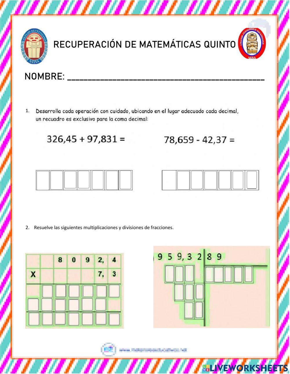Recuperación matemáticas quinto