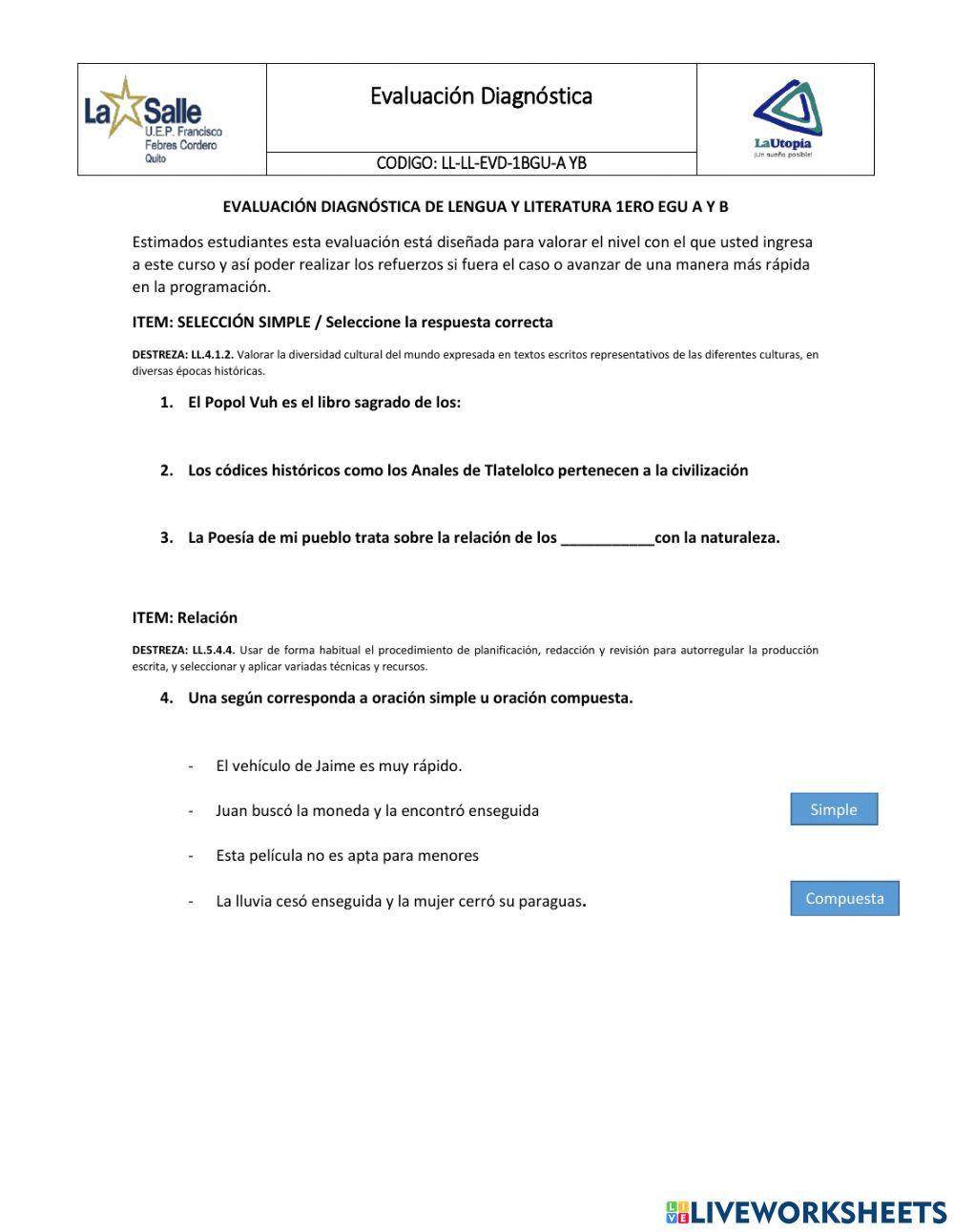 Evaluación Diagnóstica 1ero BGU Lengua y Literatura