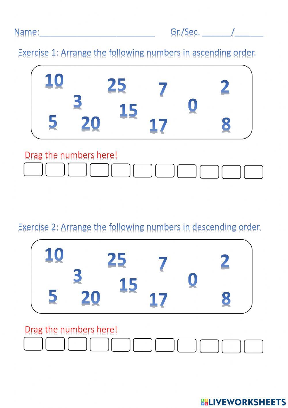 Ordering numbers interactive activity for grade 1,2,3 | Live Worksheets