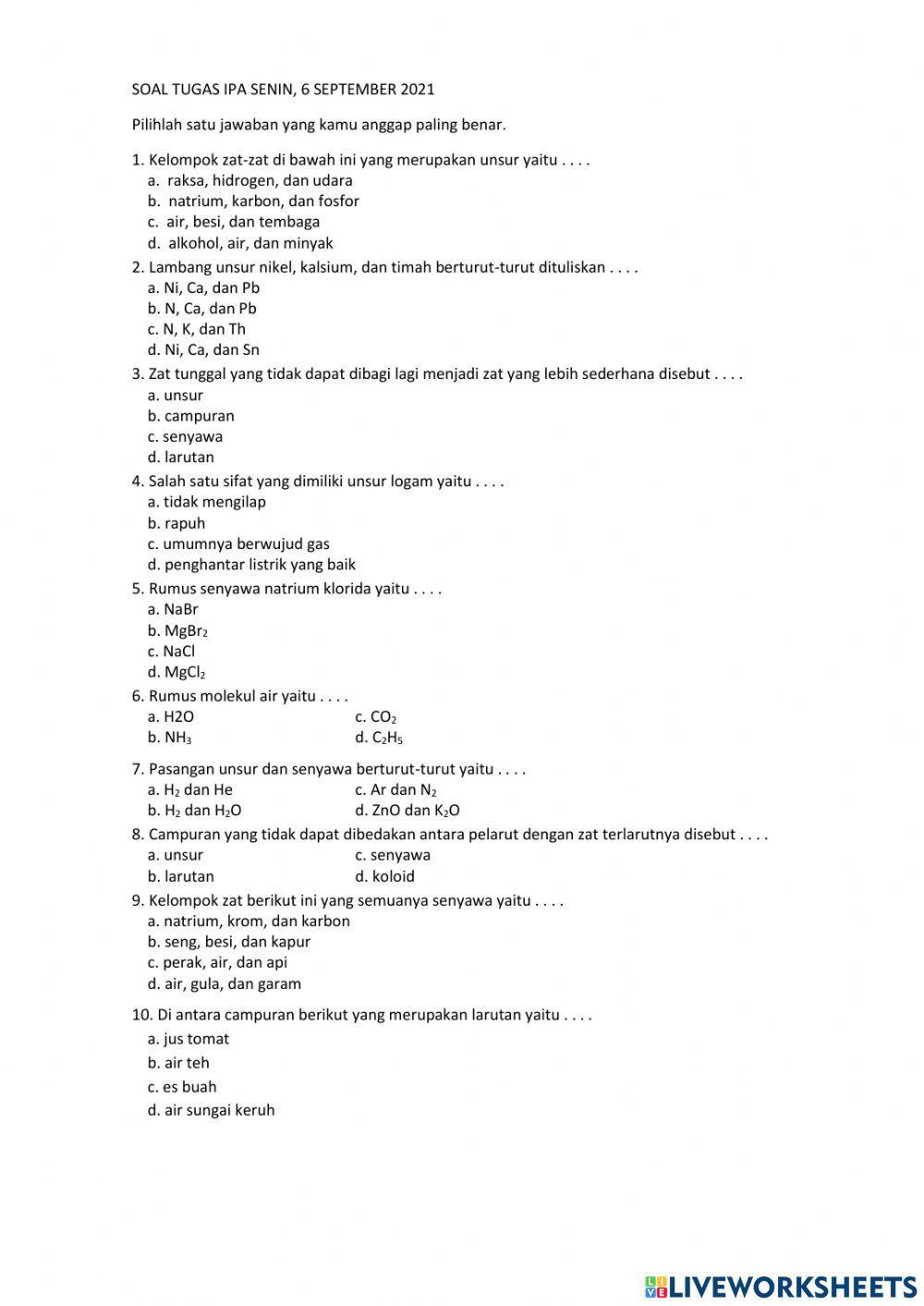 Soal Unsur, Senyawa, Campuran