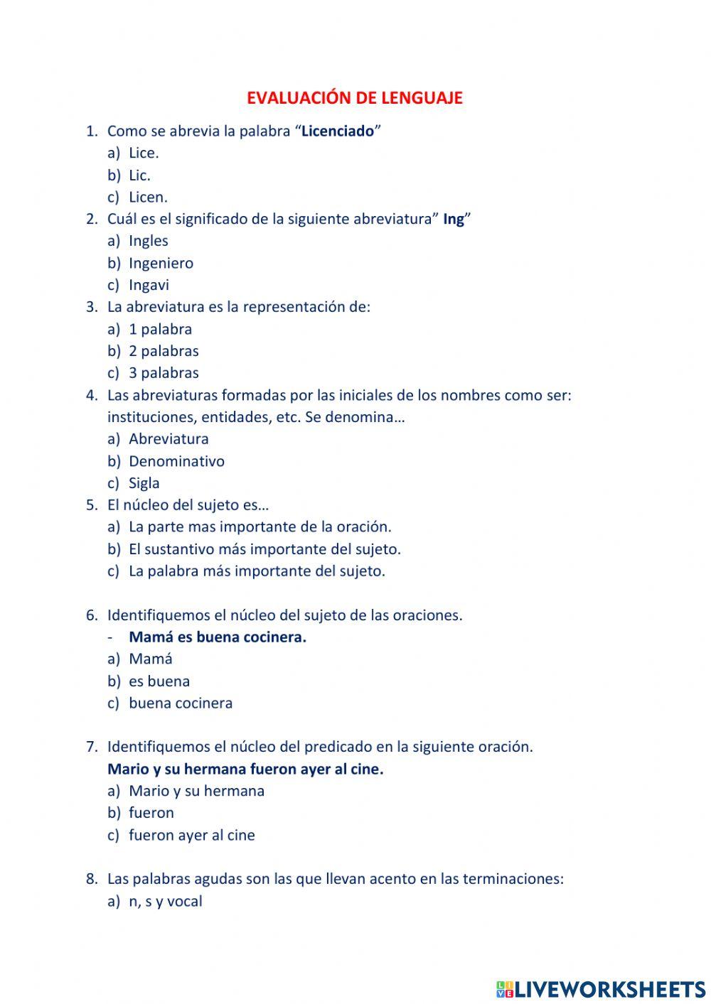 Examen del 2do trimestre Lenguaje