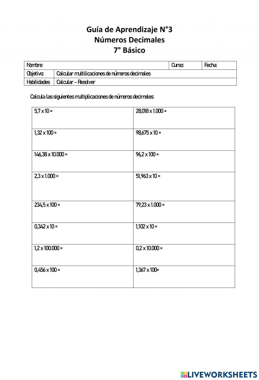 Guía 3 Multiplicación de decimales