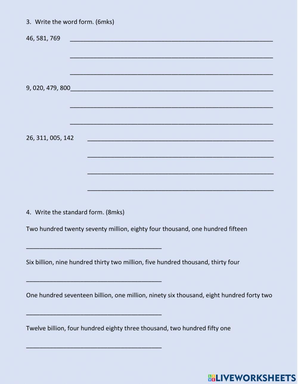 Place value to billions