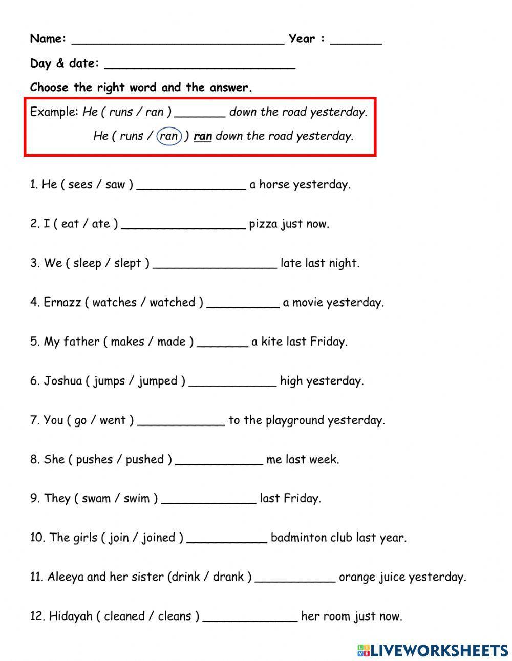 Simple Past Tense Worksheet For 3rd Grade