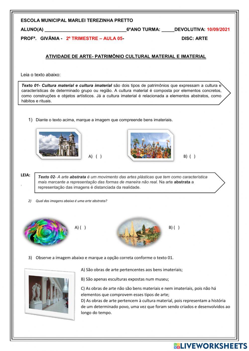 Atividade de arte-  ano Bens materiais e imateriais