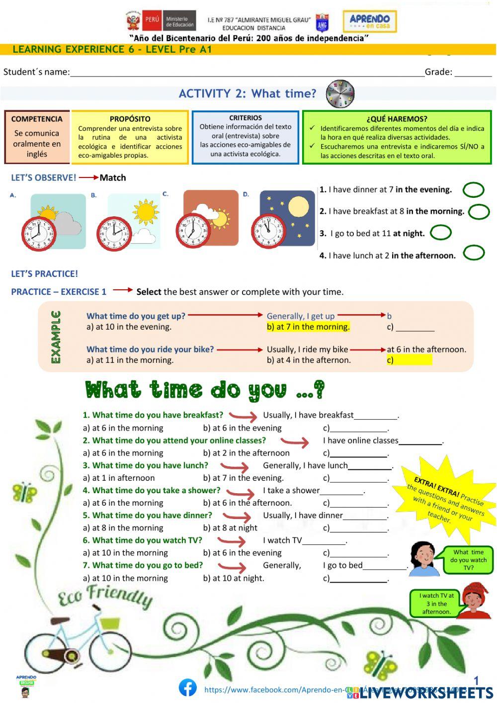 PRE A1 -  Let’s Go Green! - Activity 2 What time