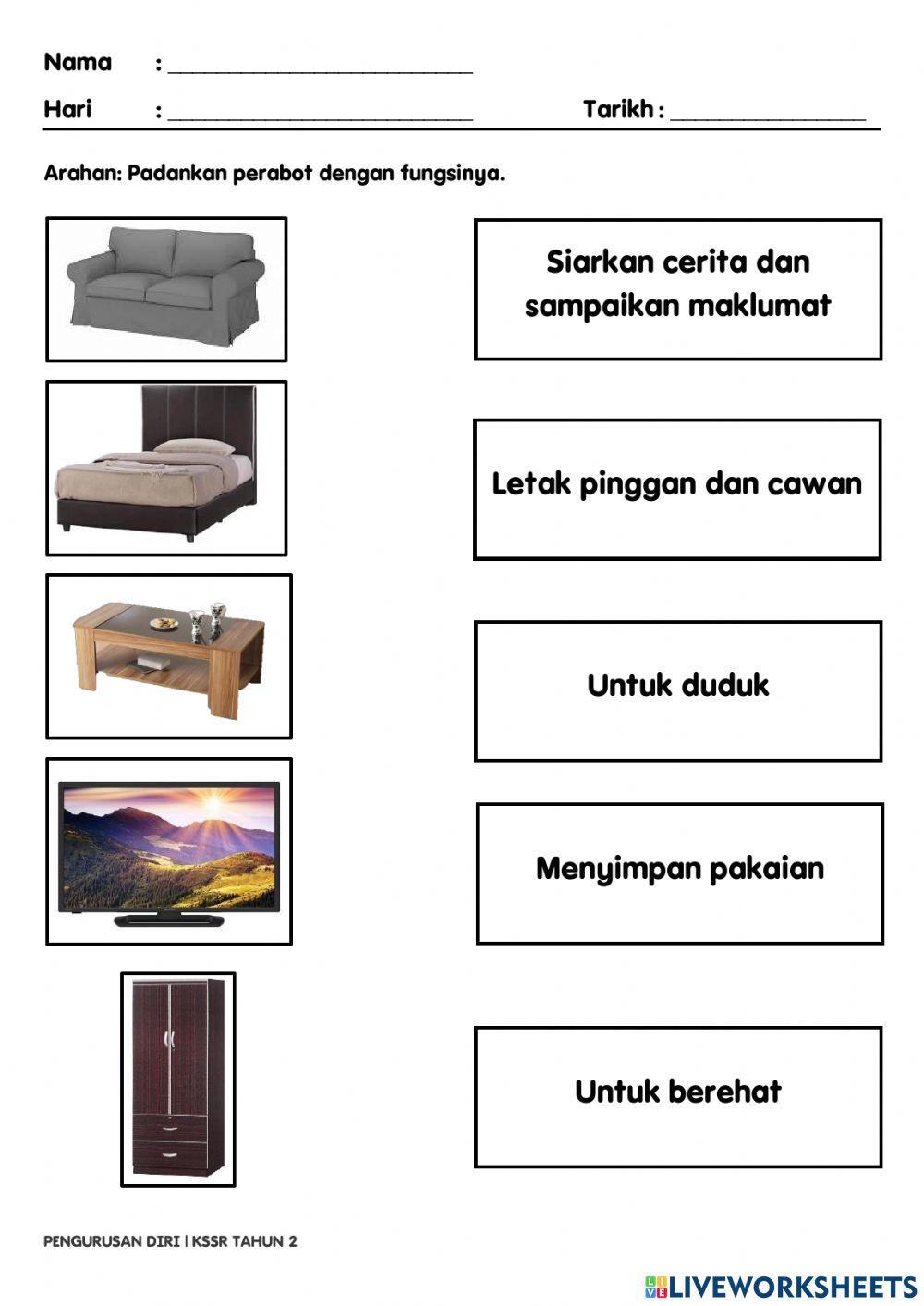 Perabot di ruang tamu dan bilik tidur worksheet Live Worksheets