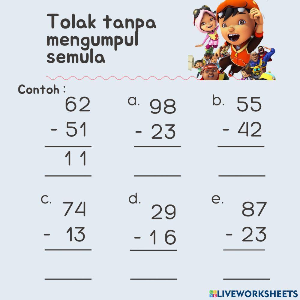 Menolak nombor dua gigit dengan 2 digit tanpa mengumpul semula