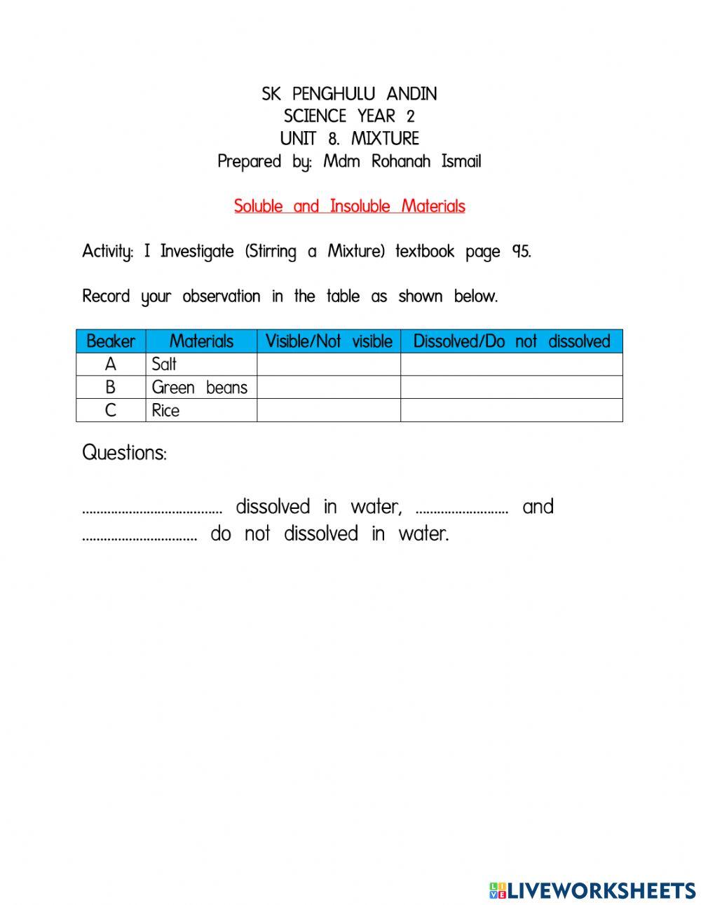 Science Year 2 Soluble and Insoluble materials
