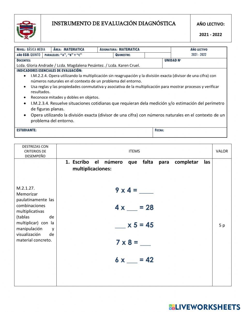 Evaluación diagnóstica Matemática 5to grado
