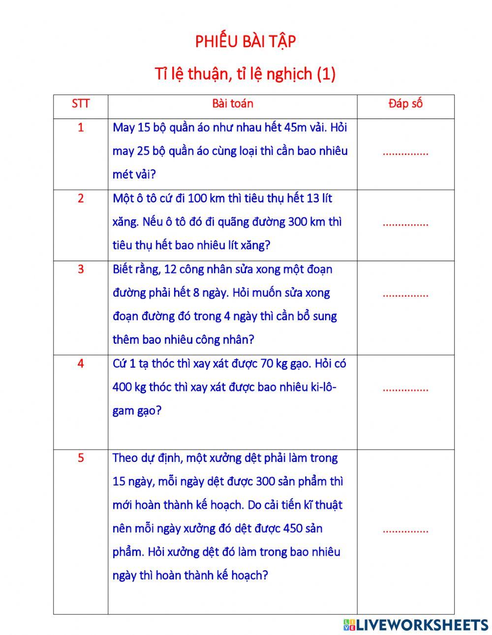 Kiểm tra Toán tỉ lệ thuận nghịch số 1