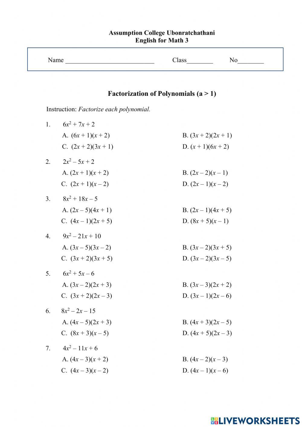 Factorization of Polynomials (a - 1) worksheet | Live Worksheets