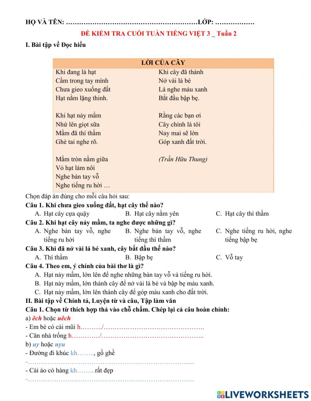 Bài tập cuối tuần.Tiếng việt 3. tuần 2